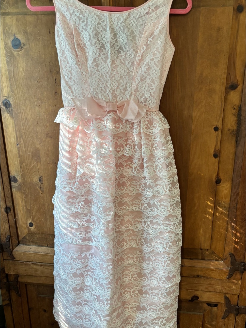 Vintage Sears Sleeveless Pink Lace Maxi Dress with Waist Bow